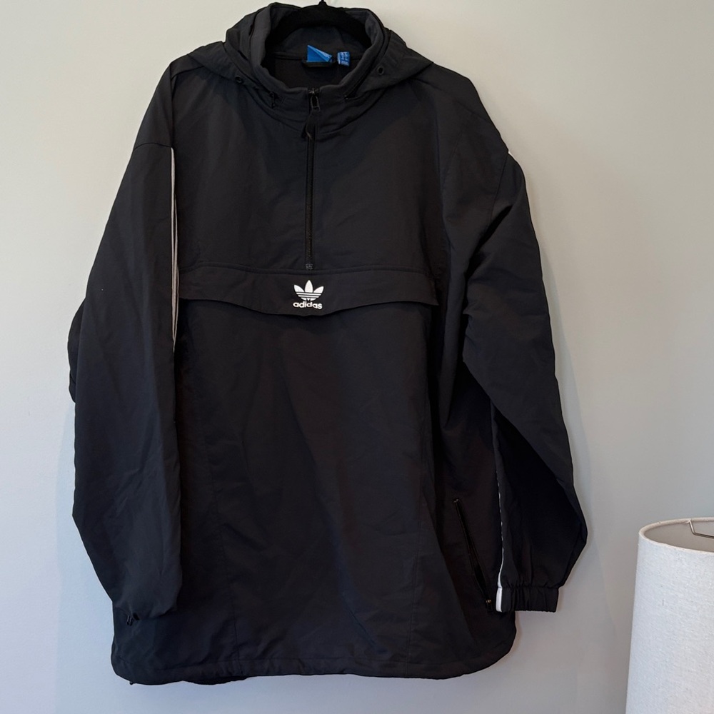 adidas Black Hooded Pullover Windbreaker with Trefoil